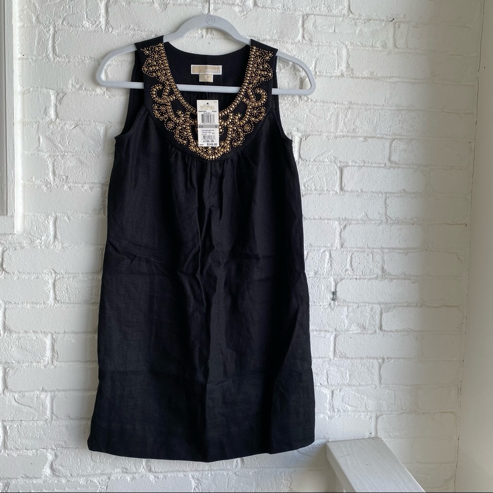Michael Kors Black Linen Sleeveless Shift Dress with Gold Beading Embroidery